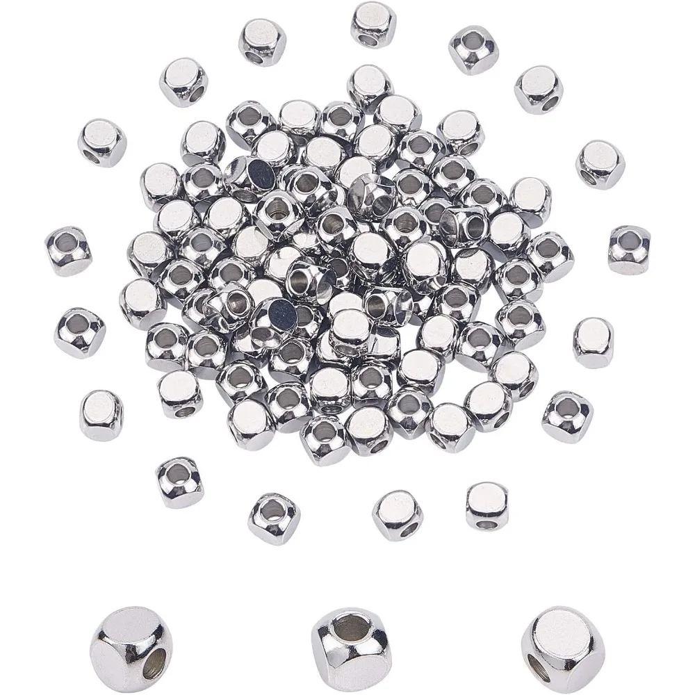 100pcs 6mm Cube Beads Metal Spacer Bead Stainless Steel Loose Bead Spacers Beads Metal Slider Beads for Bracelet Necklace