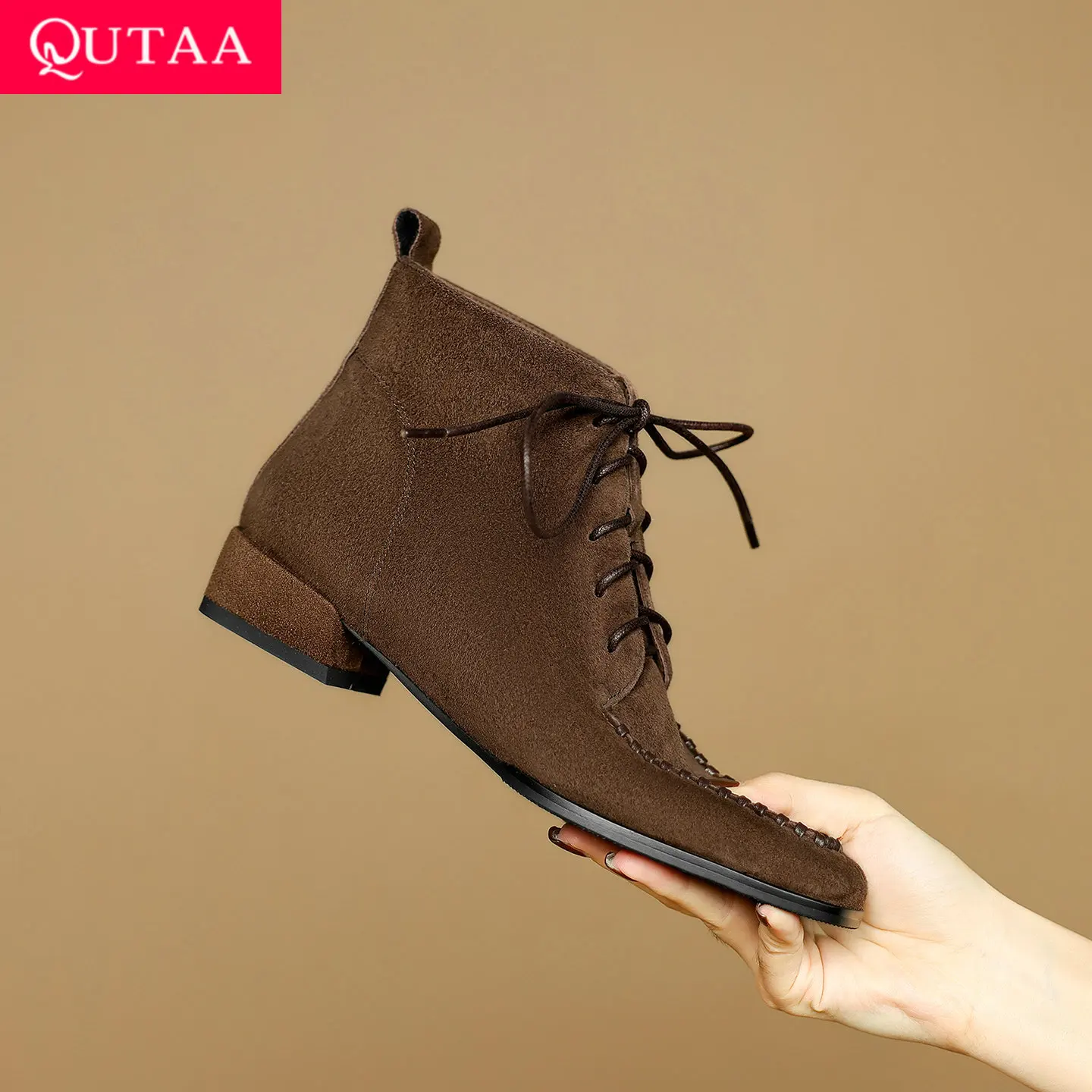 

QUTAA модные женские ботильоны зимняя обувь детские замшевые осенние ботинки на низком каблуке на молнии мотоциклетные черные короткие ботинки с квадратным носком 34-40