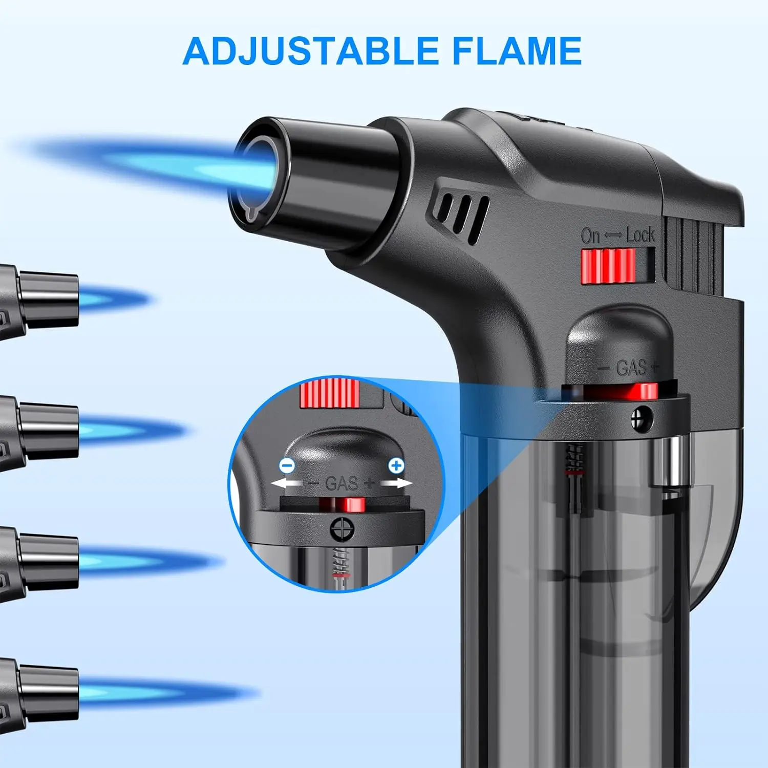 Encendedor de antorcha, encendedor de llama de chorro, encendedor de butano de Gas recargable con tanque de combustible Visible, llama ajustable a