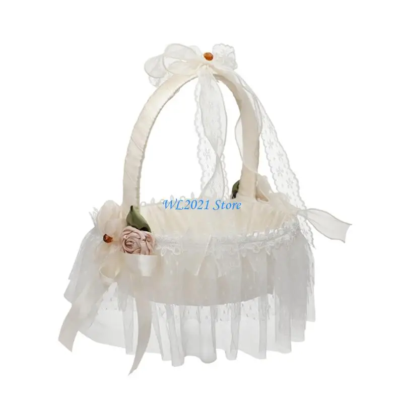 

G5GC Handamde Basket With Bowknot Elegant Satins Basket Elegant Country Styles Basket for Wedding Ceremonies