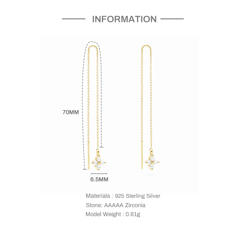 Aide Long Chain Tassel Four-leaf Zircon 925 Sterling Silver Drop Earrings For Women Minimalist 18K Gold Earrings Fine Jewelry