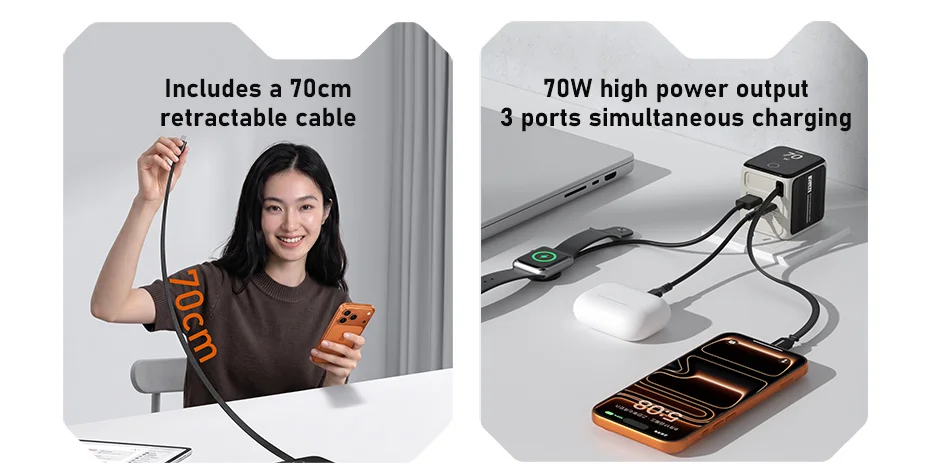 Hagibis 70W GaN USB-C Charger with Retractable Cable and Display