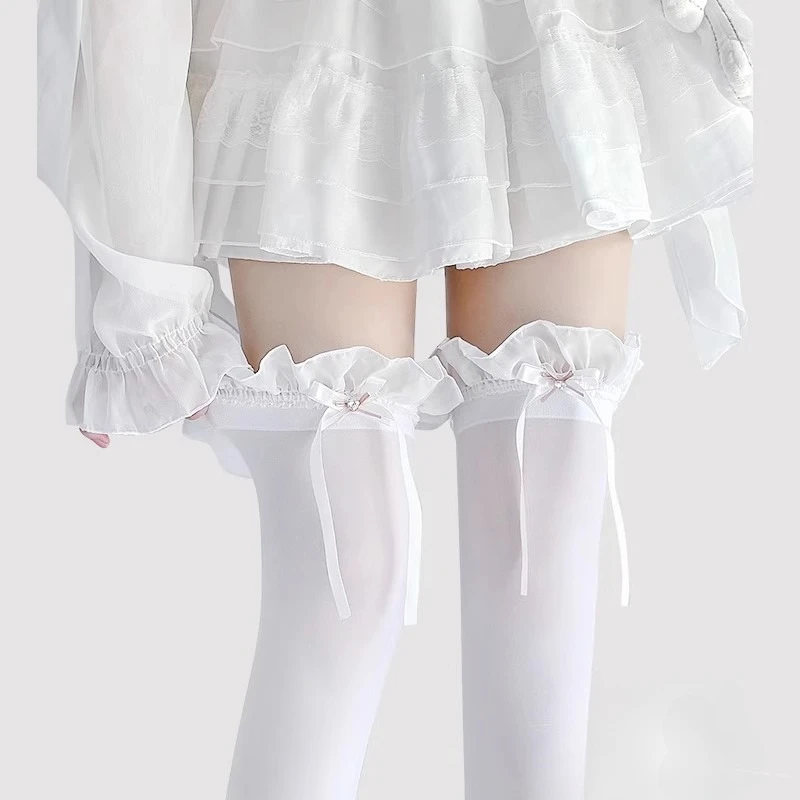White Sheer Fabric Ruffle Frill Satin Long Ribbon Bow Thigh High Stockings, Sweet Kawaii Lolita JK Style Over Knee Socks, Versatile Legwear For Daily, Cosplay & Dress Matching