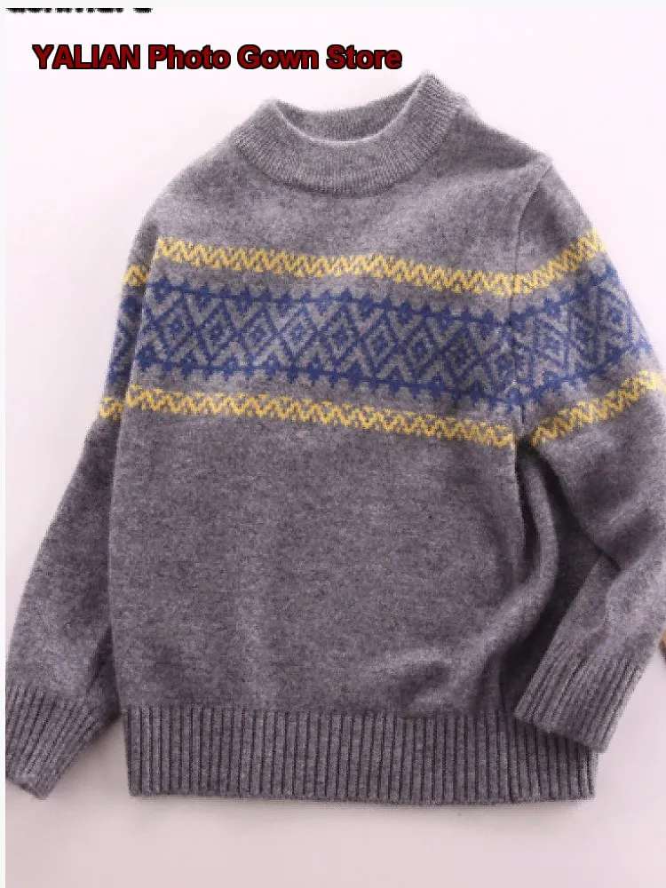 Boys Sweater Kids Autumn Winter Stylish Blue Gray Striped Cashmere Pullover Base Layer Top for Older Kids