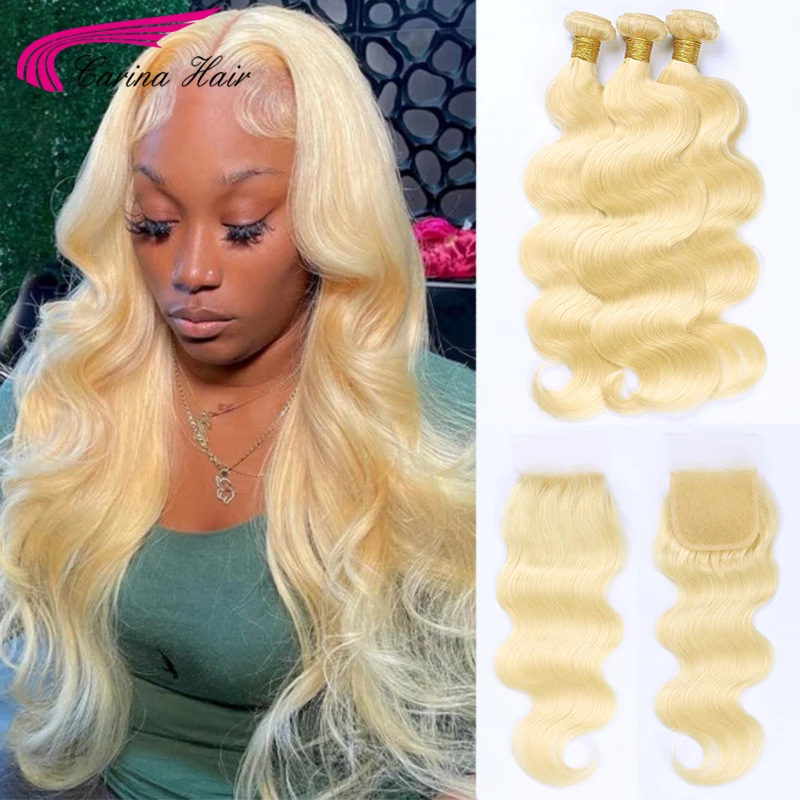 613 Human Hair Bundles with 4x4 Closure Brazilian Hair Lace Closure with 2 3 Bundle Remy 613 Blonde Body Wave Hair Bundle