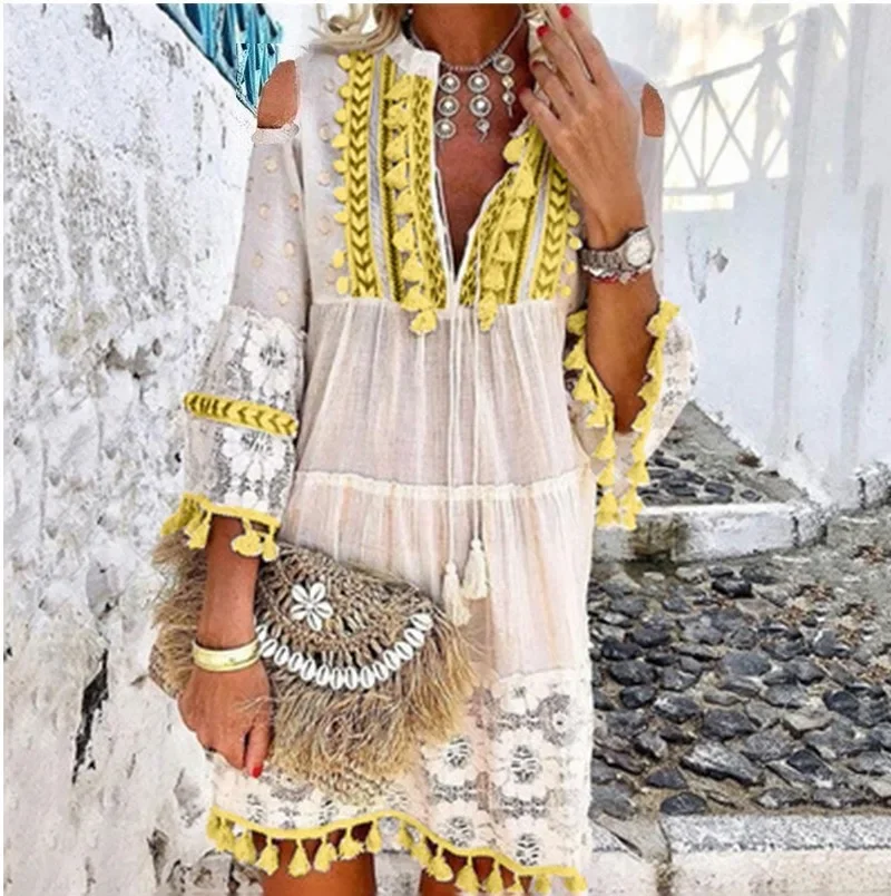 Women Mini Dress V Neck Full Sleeve Short Dress Lace Tassel Bohemian Style Loose Casual Plus Maxi Size Party Night Summer 2024