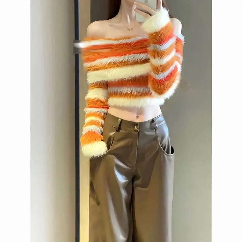 Christmas Clothes American Sexy One Shoulder Striped Sweaters Slim Fit Knitted Tops Women E-girl Long Sleeve Pullovers Mujer