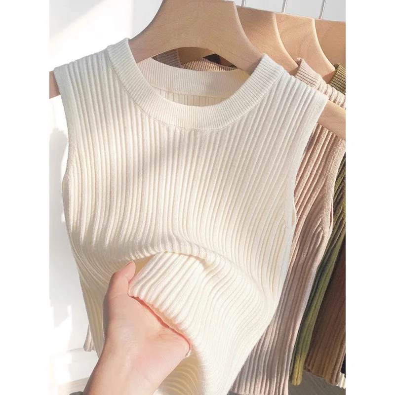 

White round Neck Knitted Vest Women's Top Sleeveless Versatile Easy Wear Spring Summer Simple Slimming Ribbed Inner Wear