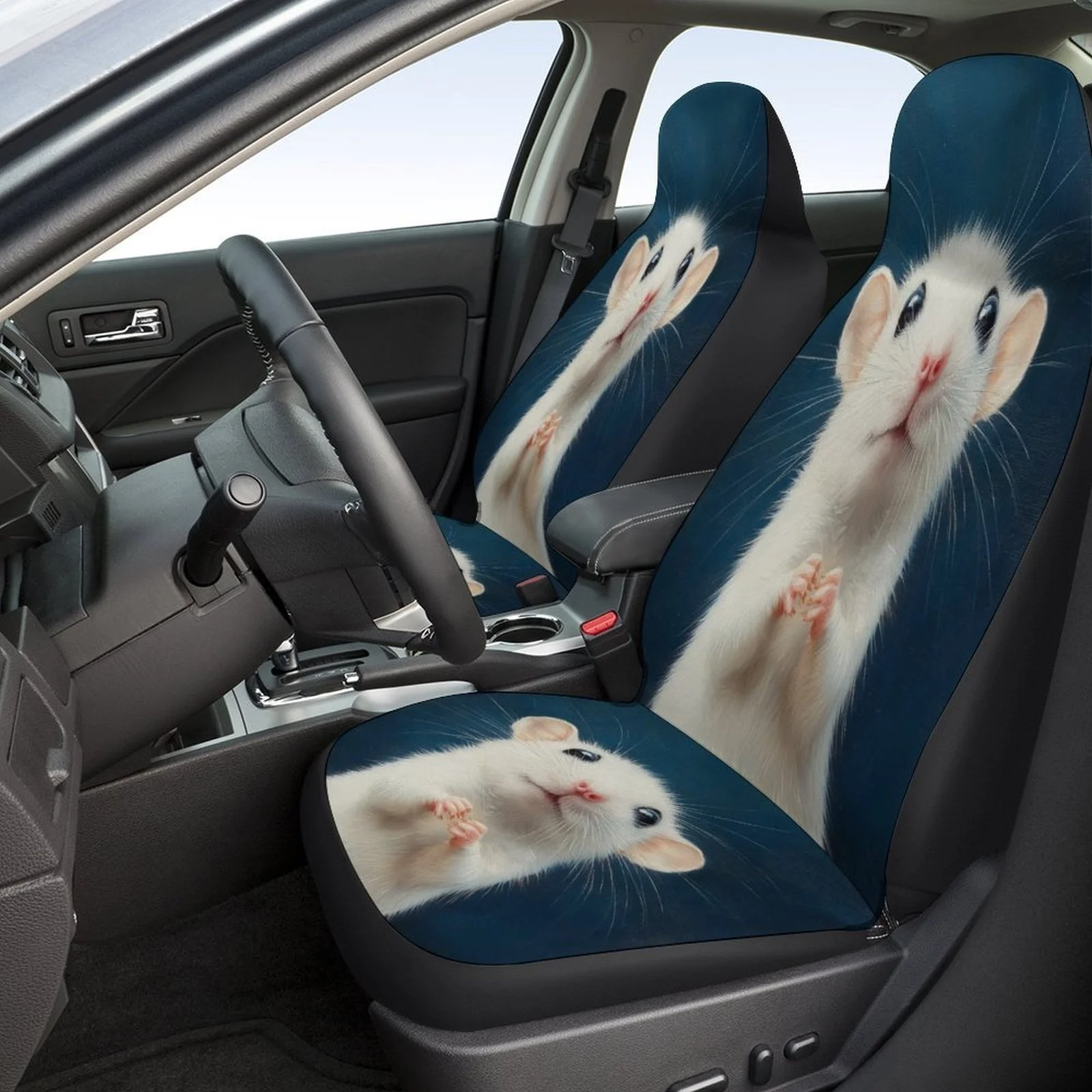 White Mouse Portrait Themed Car Seat Covers Set For Most Cars, Fashionable Decorative Car Seat Protector Covers Full Set, Univer