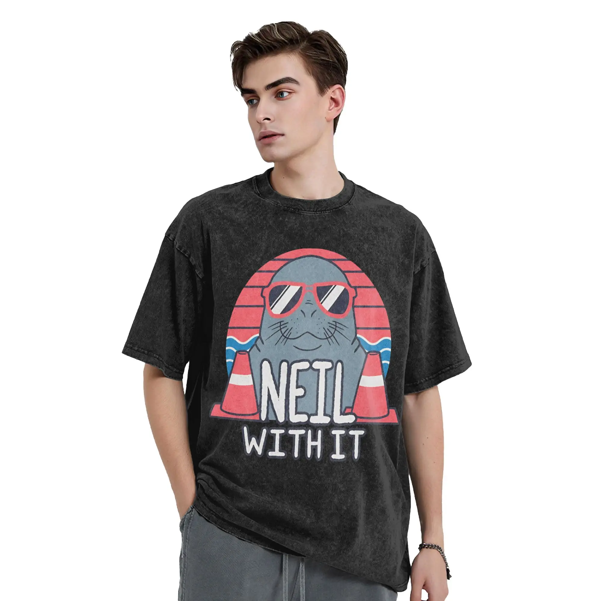 Neil the Seal Deal With It T Shirt Hip Hop Washed Cotton T-Shirt Animal for Men Women Tops Streetwear Graphic Printed Tees