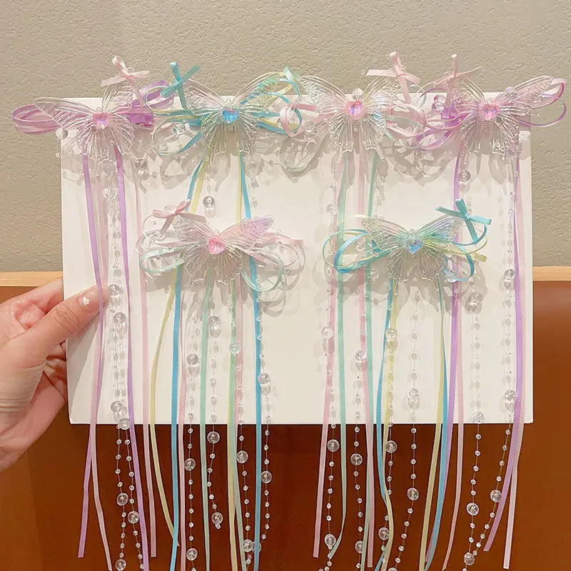 Girls Cute Elegant Butterfly Colorful Mesh Bow Ribbon Hair Clip Beads Tassel Crystal Decoration Headwear for Party Kids