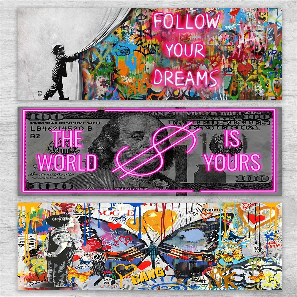 Abstract Graffiti Follow Your Dreams Wall Art Canvas Painting Modern Living Room Decor Large Art Motivational Successful Quotes