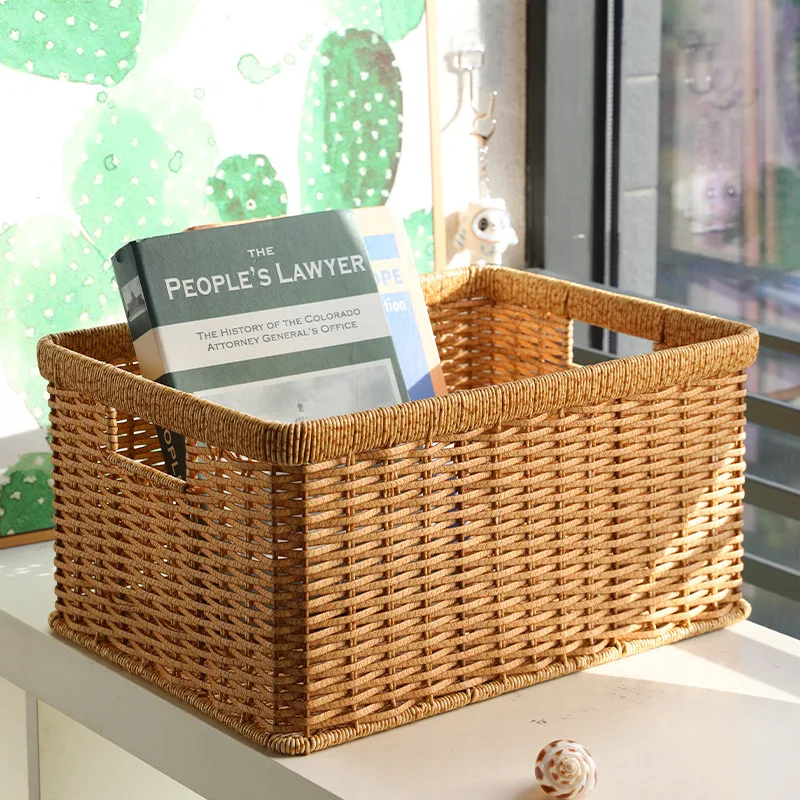 Strong Rectangle Woven Storage Basket with Handles, Waterproof Plastic Baskets for Home Toy Storage, Nest