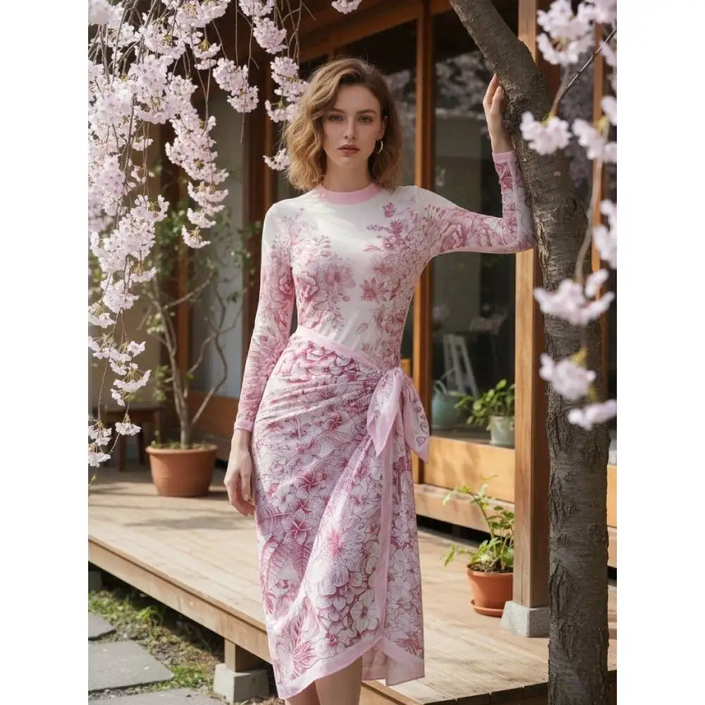 Cikini Flower Print Long Sleeved One-Piece Swimsuit Mesh Dress Two-Piece Set Summer Beach Swimwear Bathing Suit For Women