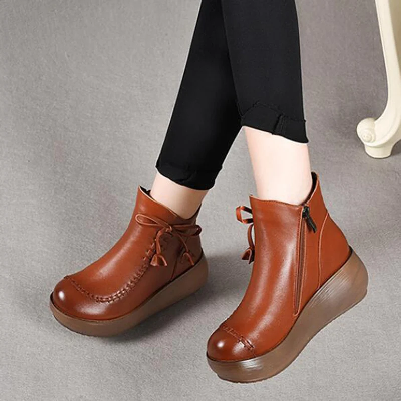 GKTINOO Ankle Women Boots Genuine Leather Round Toe Women Shoes Zip 2024 New Wedges Handmade Leisure Platform Boots Size 33-40