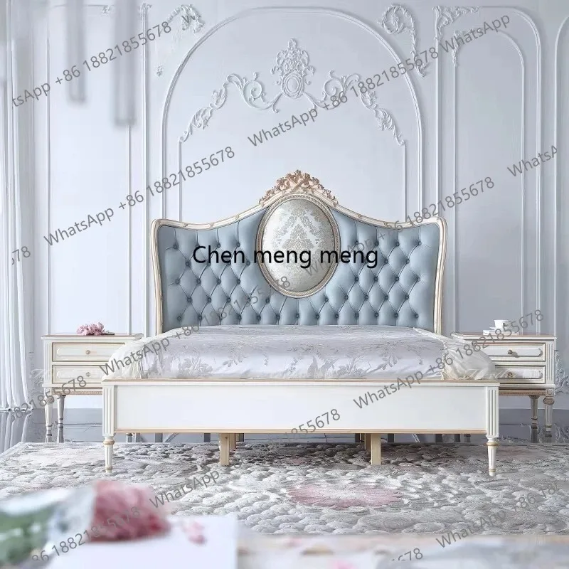 

F5822 French leather bed blue soft bag buckle hand-painted villa solid wood furniture master bedroom, double bed