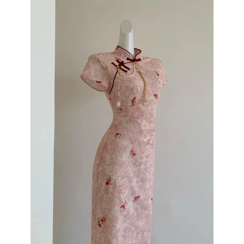 Solid Color Floral Print Qipao Classic Chinese Style Women Casual Party Dress