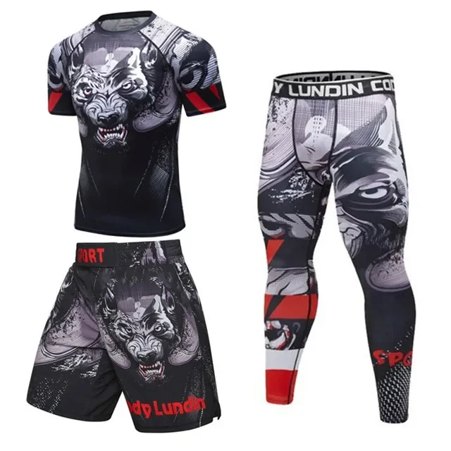 Men Compression Sportswear Sport Suit Fitness Clothing Gym Set MMA Boxing Muay Thai Shorts Rashguard Training Running Tracksuit