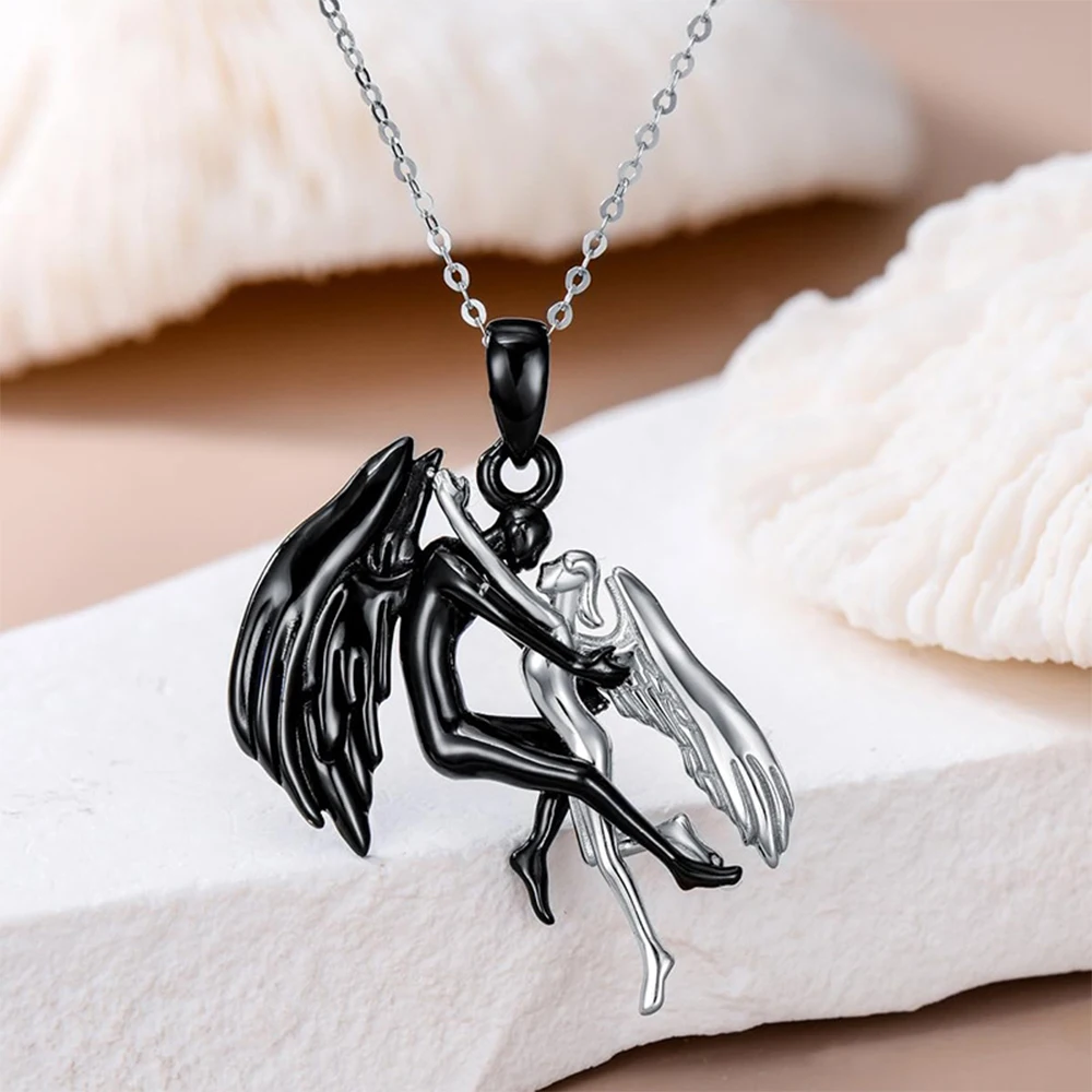 A Fashionable and Creative Couple Hugging Angel Devil Pendant Necklace Halloween Necklace