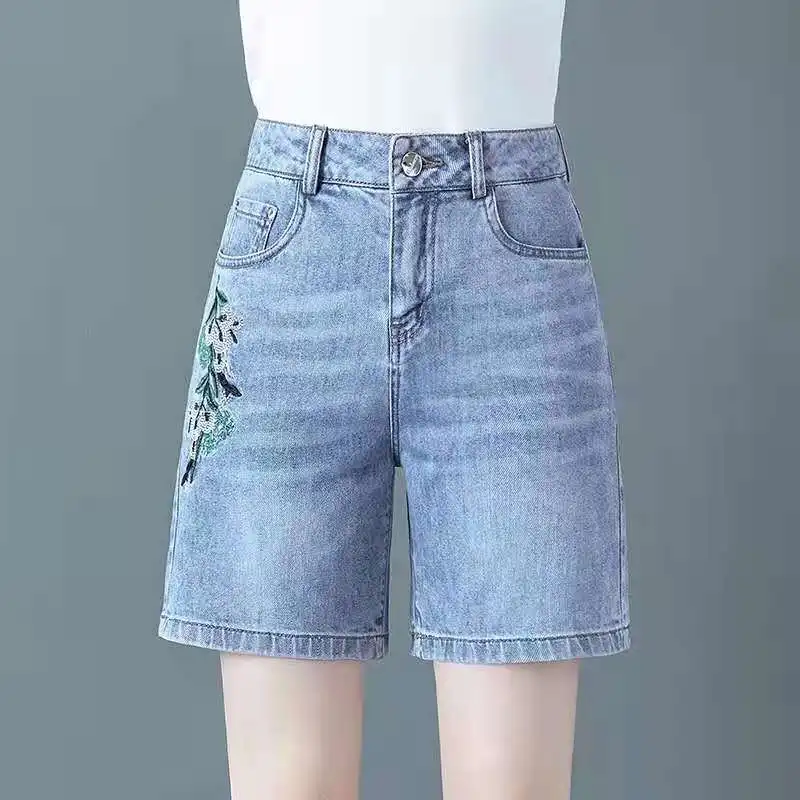 Denim Shorts Voor Dames 2024 Zomer Nieuwe Hoge Taille Vintage Bloemenborduurwerk Jean Korte Broek Met Rechte Pijpen 3xl