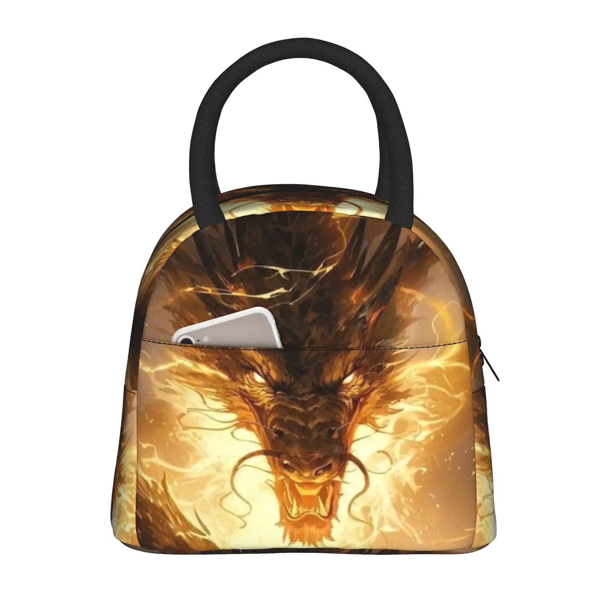 Back to school season  Meal Bag Fiery Dark Golden Dragon Art Kawaii Casual Daily Lightweight Lunch Bag