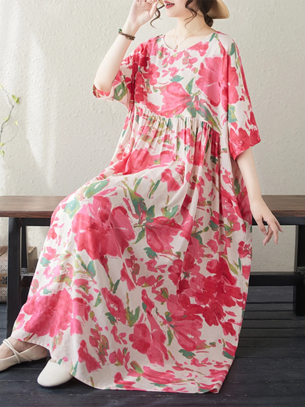 

Летнее новое модное хлопково-льняное платье свободного кроя с принтом, больших размеров, с коротким рукавом, с розовым цветочным узором, для женщин среднего и старшего возраста