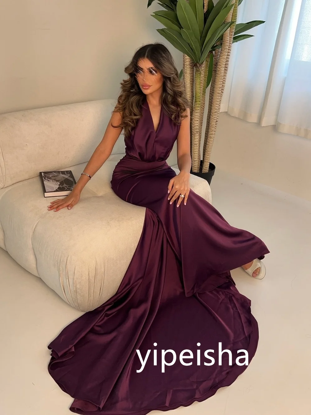 Vestido largo plisado de sirena con cuello en V, traje de graduación clásico, exquisito, estilo moderno, Pastrol, estilo chino, Unisex, alta calidad