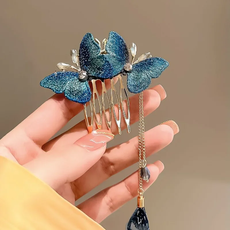 Gradient Blue Butterfly Hair Comb Clip Vintage Elegant Women Girls Ponytail Hair Clip Flower Leaf Tassel Hairpin Styling Tools