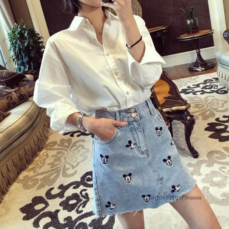 Disney Mickey Embroidered Denim Short Skirt Women Korean Version High Waist Student Skirt Spring Summer New Fashion A-line Skirt