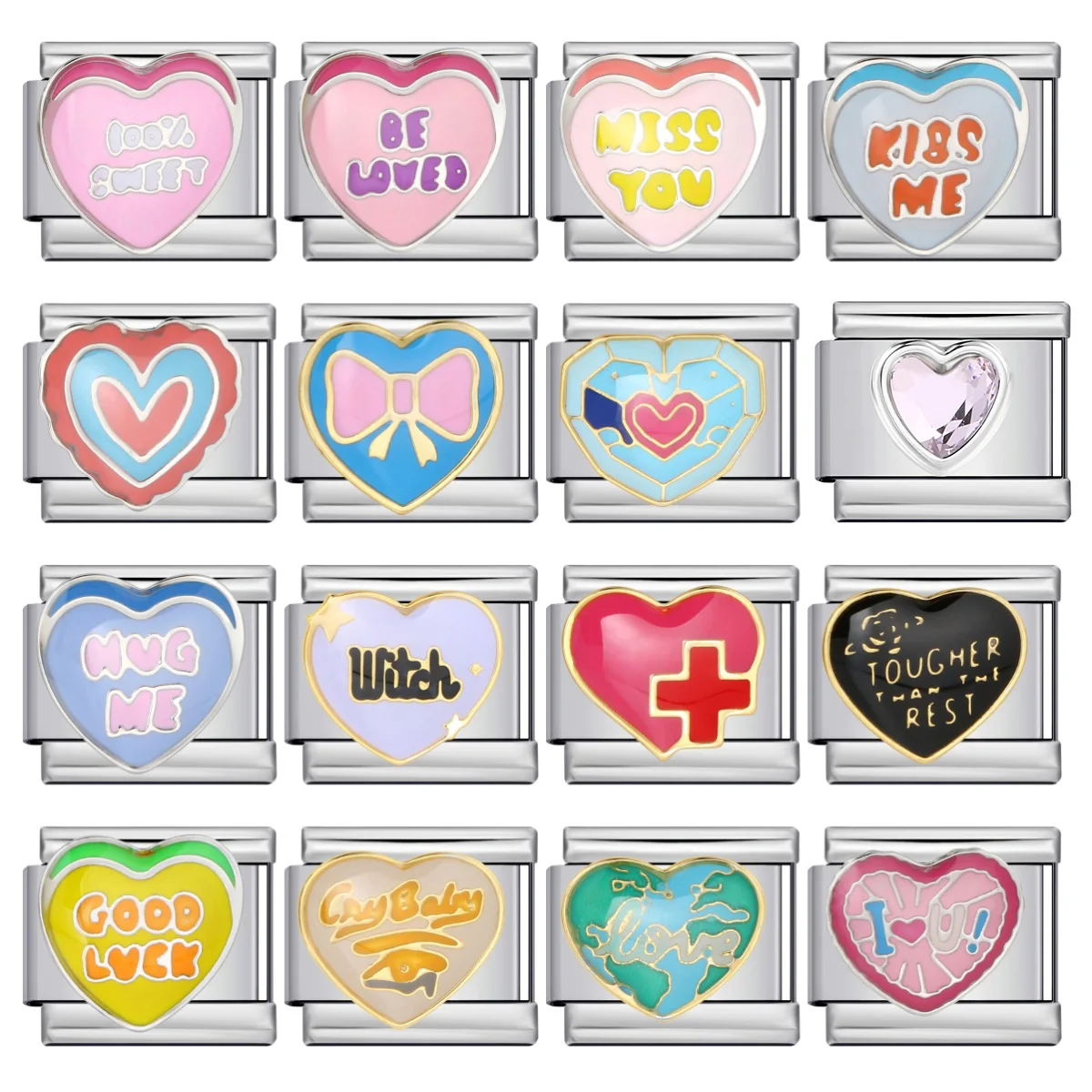 Bunte Glasur, romantisches Liebesherz, Valentinstag, italienischer Charm-Link, passend für 9 mm Edelstahl-Armbänder, DIY-Herstellung von Perlen, Schmuck