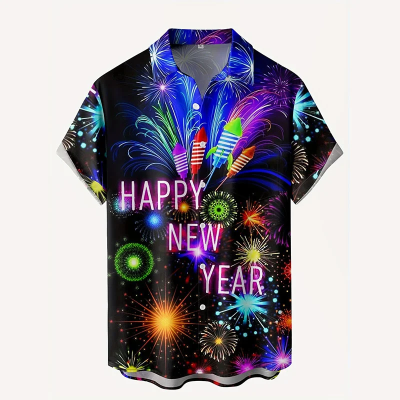 

Happy New Year Firework 3d Print Hawaiian Shirt Men Summer Vacation Short Sleeve Lapel Shirts Comfy Casual Stylish Tops Clothing