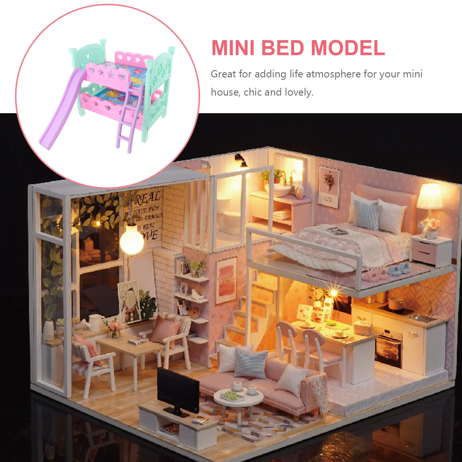 미니 이층 침대 장식품 간단한 색상 내마모성 장식 가구 미니 하우스 어린이 놀이 장면 이층 침대