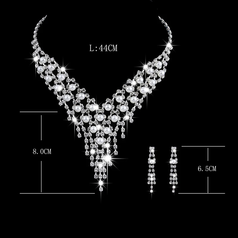 Luxury Long Tassels Jewelry Pearl Necklace Earing Set Crystal Zircon Wedding Bridal Jewelry Sets For Women Bijoux Mariage Zestaw