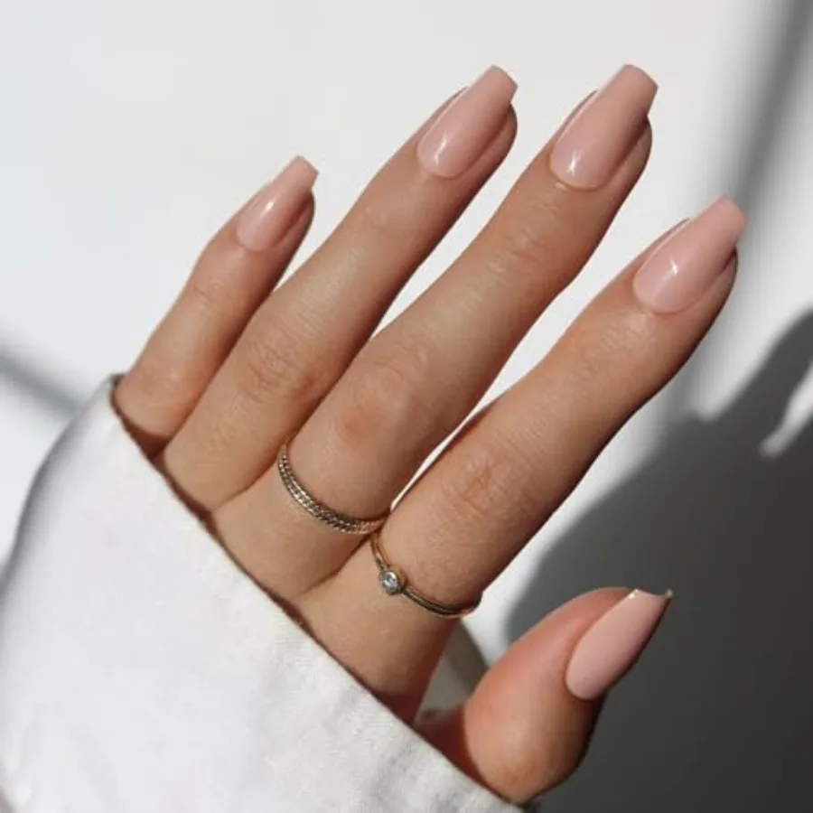 

Press On Nails for Everyday Wear Exposed Medium Coffin Shape with Nude Opaque Neutral Finish Reusable Design in 15 Sizes Comple