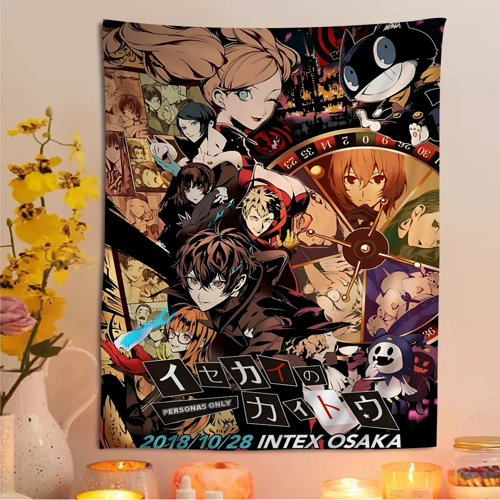 Tapiz de pared del evento "Isekai Only" de Persona 5 - Pancarta decorativa con collage de personajes, un toque atrevido para la habitación de los fans de los JRPG y la franquicia Persona.