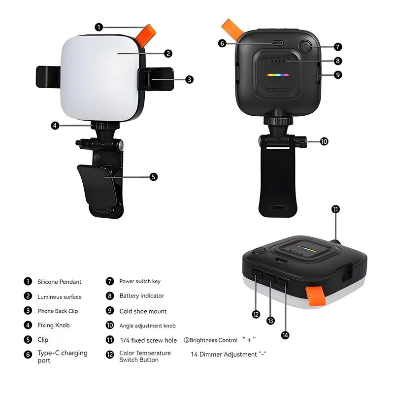 N21 3-Color Dimmable Pocket Clip-on Fill Light، عالمي لهاتف iPhone/Samsung/Xiaomi، مثالي للتصوير الفوتوغرافي/الصورة/الجمال/العيش