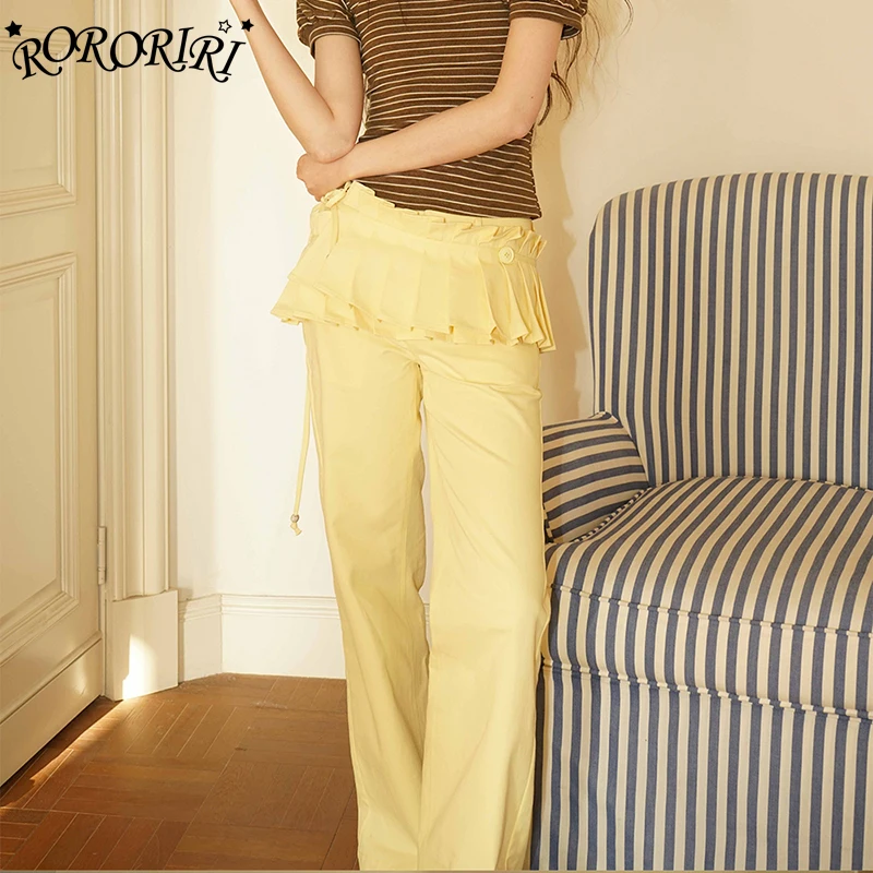 

RORORIRI Light Yellow Jeans Pants Detachable Decor Mini Skirt 2 in 1 Straight Leg Flared Trousers Harajuku Pleated Skirts gyaru