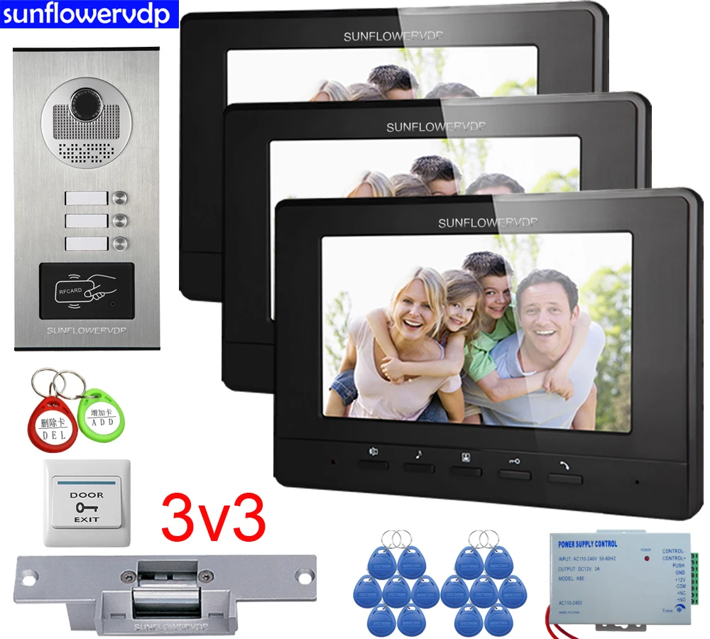 

For 3 Apartments Home Video Intercom System Security Call 3 Buttons Door Phone 7" Color Monitors Doorbell Doorman Full Kit