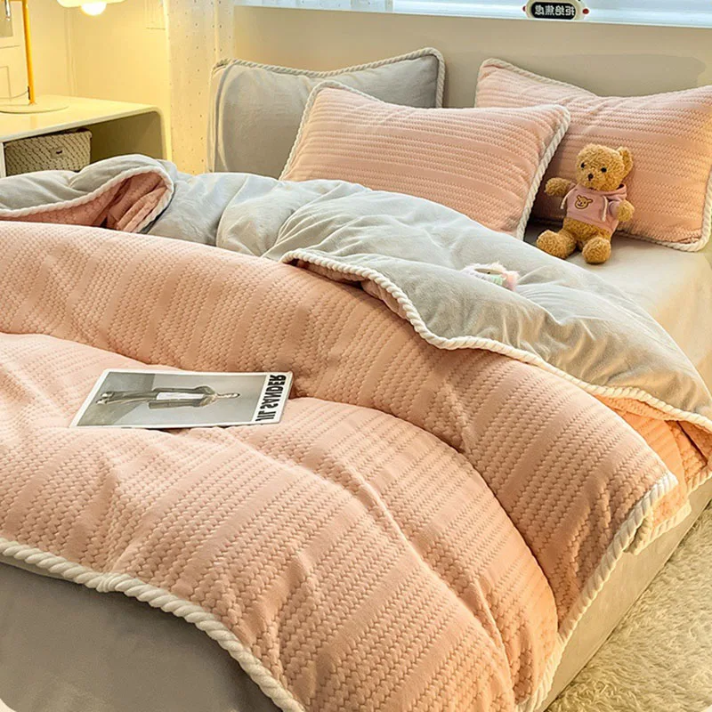 

Autumn and Winter Thick Milk Velvet Quilt Cover Striped Jacquard Double-Sided Flannel Duvet Cover Solid Color Cozy Warm Bedding