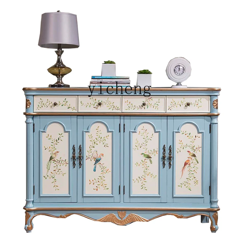 ZC Vintage Painted Blue Shoe Cabinet Hand Painted Living Room Storage Large Capacity Multi-Layer Dining Edge