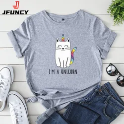 JFUNCY 100% Cotton Women Summer T Shirt Cute Unicorn Print Tees Tops Short Sleeve Woman T-shirt Female Loose Tshirt