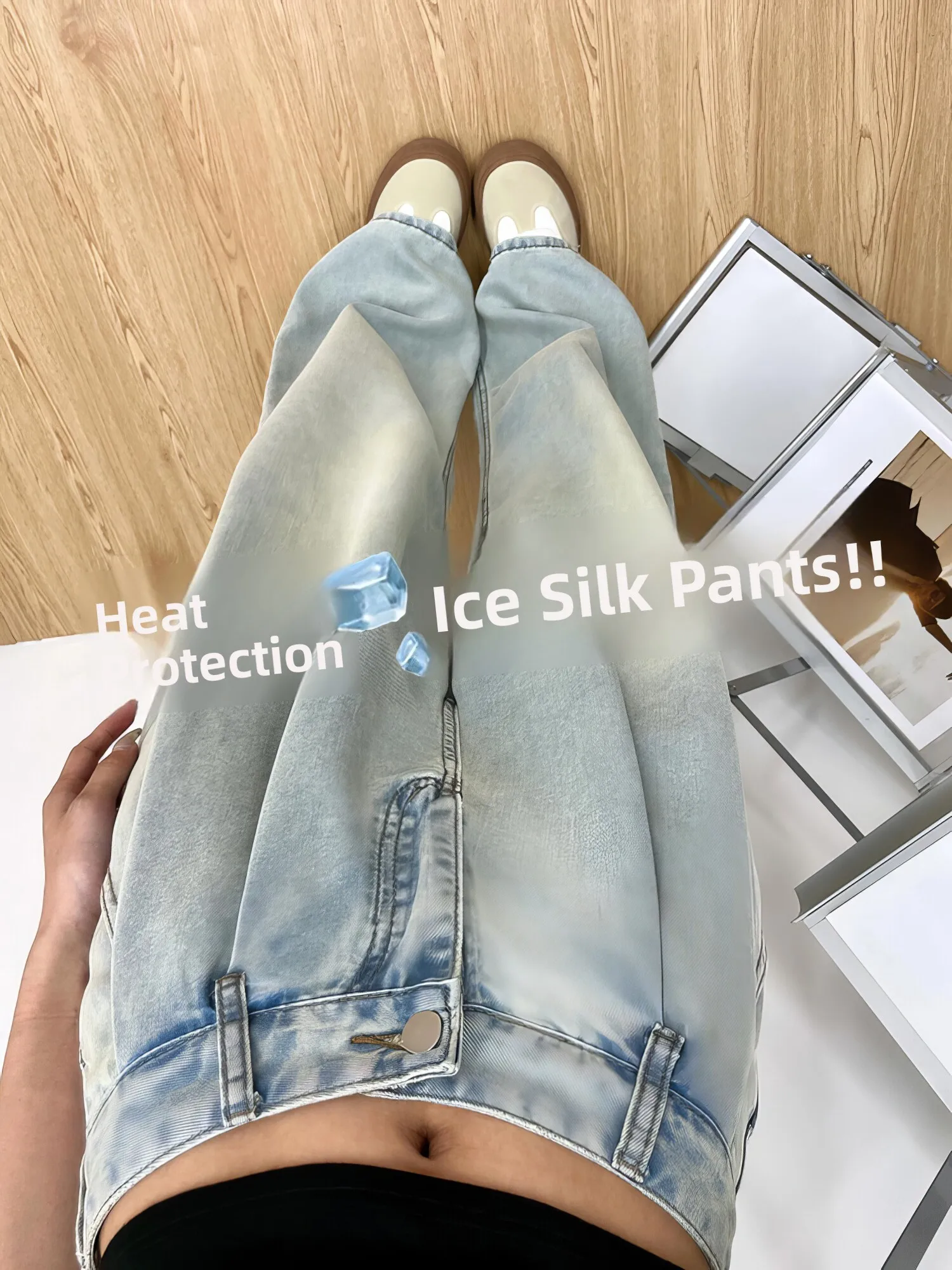 

Light Colored Straight Leg Denim Jeans Women Summer Thin Large Size Loose High Waist Draped Ice Silk Wide Leg Pants