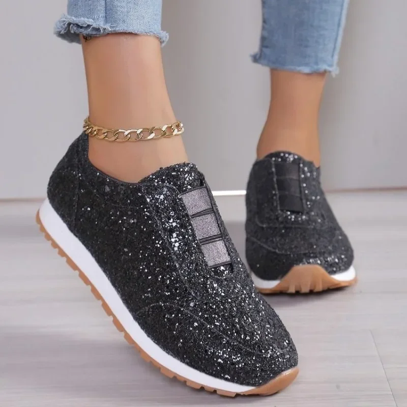 2025 Autumn New Fashion Slip-on Low-heeled Women Sneakers Gold Silver Trend Sport Shoes Ladies Outdoor Casual Walking Shoes