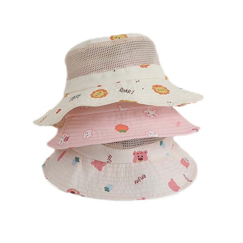 2024 Summer Children Hat Cartoon Print Mesh Bucket Hats for Girls Boys Beach UV Protection Accessories Kids Items 3-8 Years