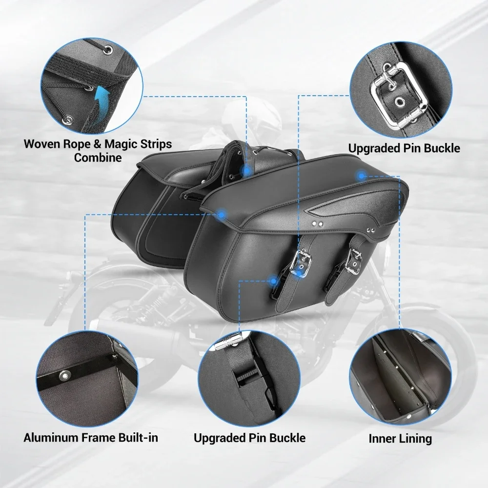 2Pcs Universal Motorcycle Saddlebags 43x15x26cm Large Capacity Synthetic Leather Waterproof Rear Side Bags Storage Luggage