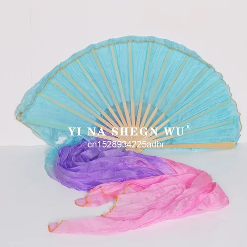 Imagen 2 del producto Abanico de danza del vientre de seda 100% Real de alta calidad, 1 par, abanico de danza de seda teñida hecho a mano, abanico de seda chino de varios colores
