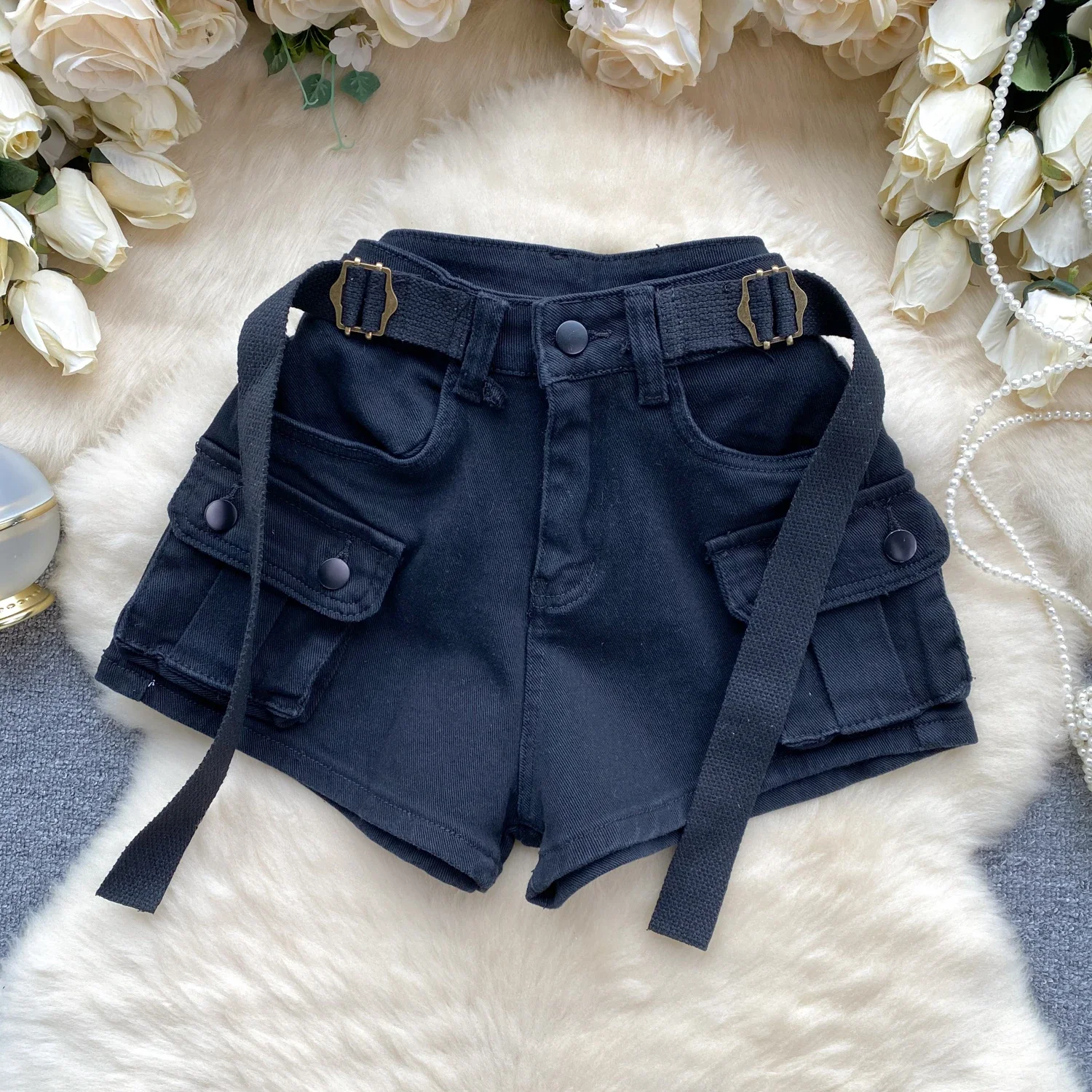 Chic Cargo Shorts Women Pockets Solid Color High Waist Streetwear Womens A-line Hotsweet Korean Style Short Summer ZT289