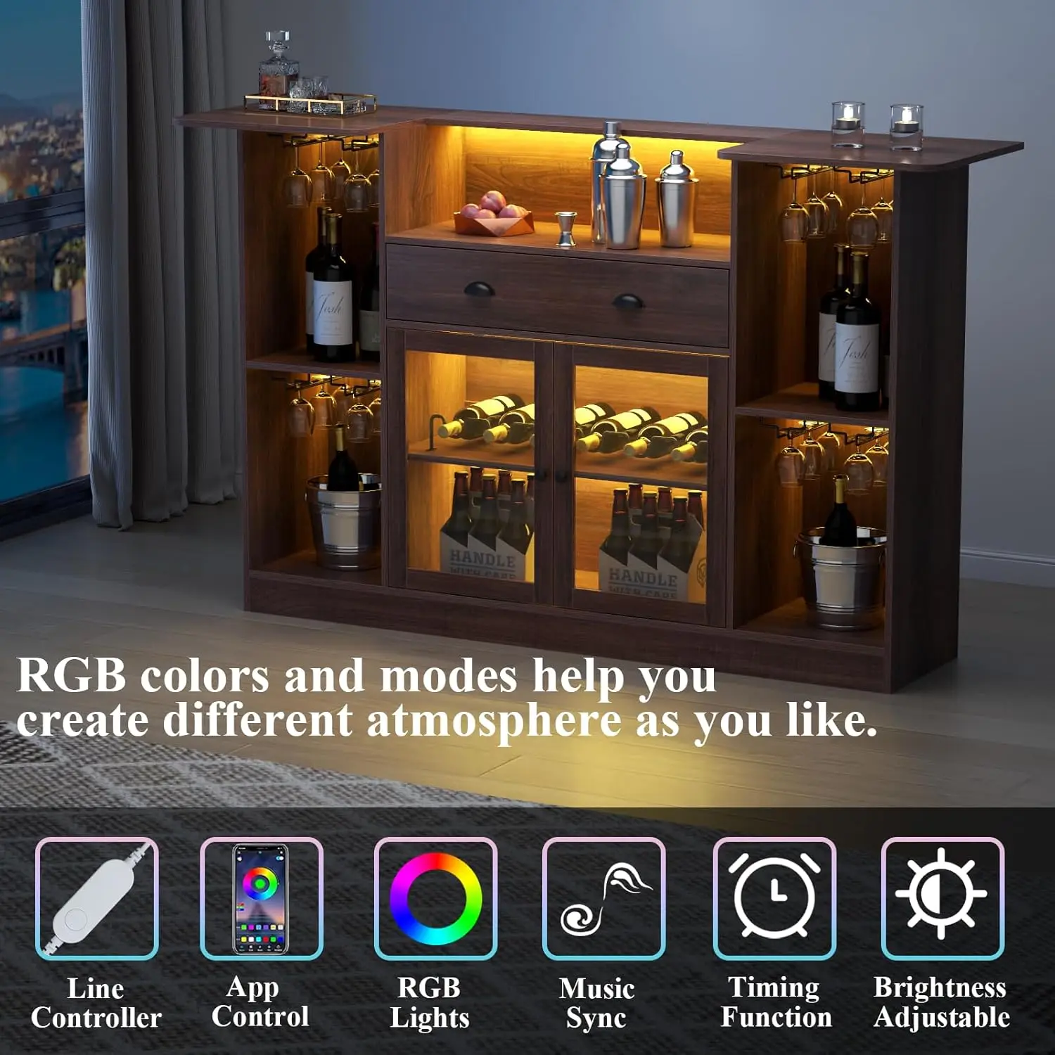 Mobile Bar con LED e Cassetto, Mini Bar con 8 Ripiani e Portabicchieri, Supporto per Vino e Alcolici, Personalizzabile