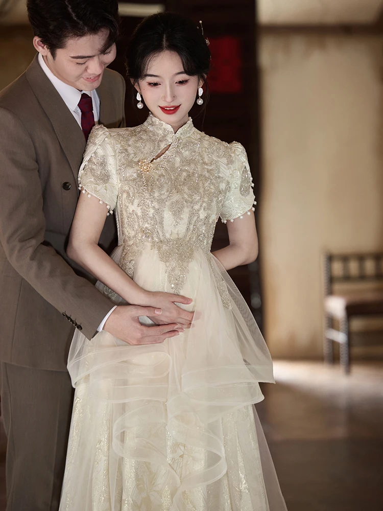 

Champagne Color New Chinese Sle Pregnant Women Wedding Dr High Waist Belly Covering Long A-Line Skirt for Enga...