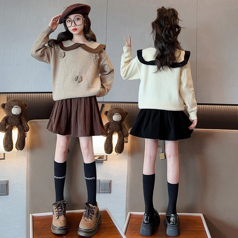 

Children Knitted Sweater Fall-Winter Knitted Skirt Set Corduroy Dress College Style Lapel Flower Baby Pullover TR347